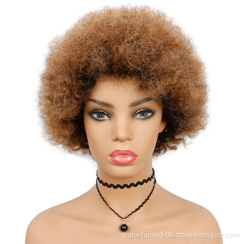 1b/30 Glueless None Lace 100% Human Kinky Hair Wig Remy Virin Short Wigs For Women Ombre Brown Colored Afro Curly Wig